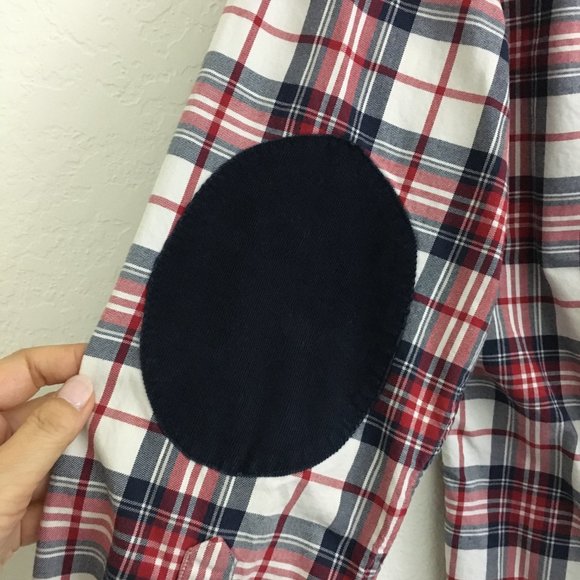 TOMMY HILFIGER Mens S/P Patched Elbow Plaid Button Down Shirt Thick Cotton - Picture 8 of 14